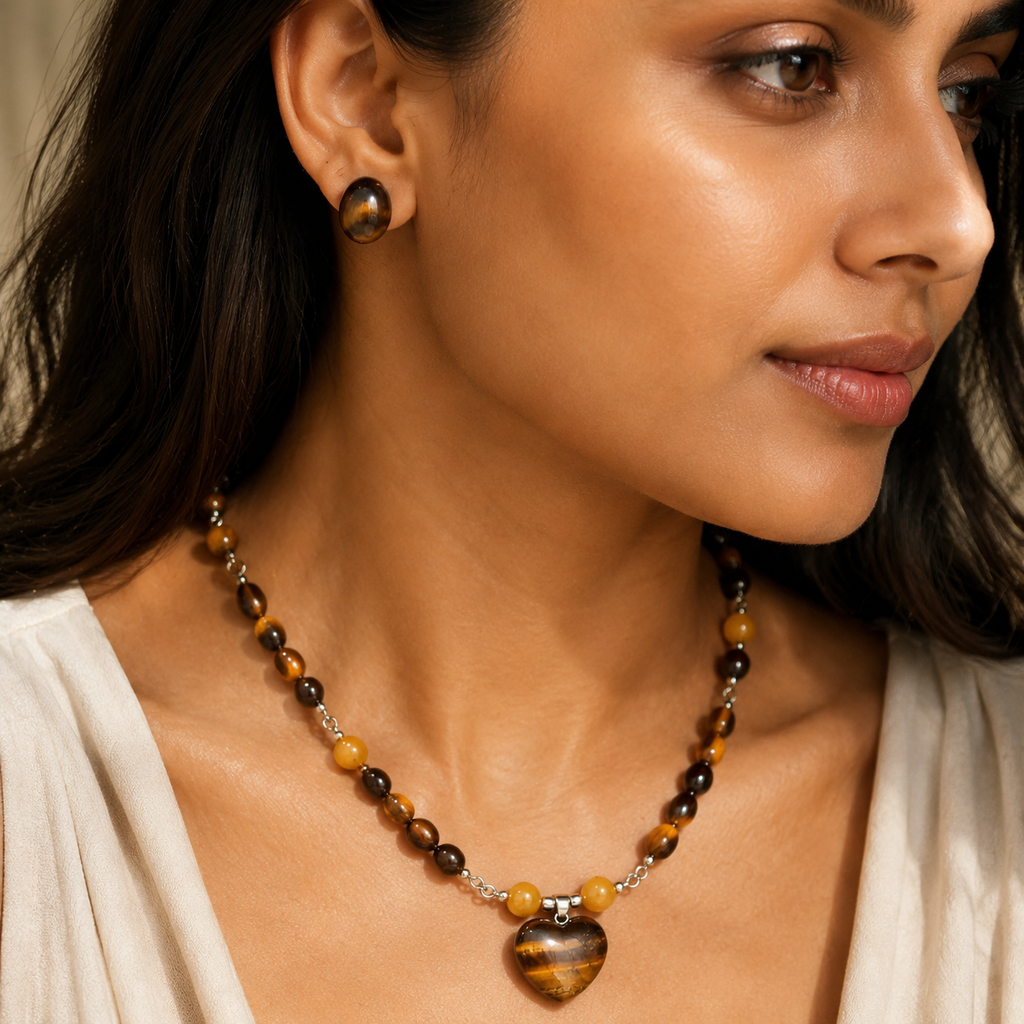 Golden Earth Tiger’s Eye Heart Pendant Necklace with Tiger’s Eye Stud Earrings
