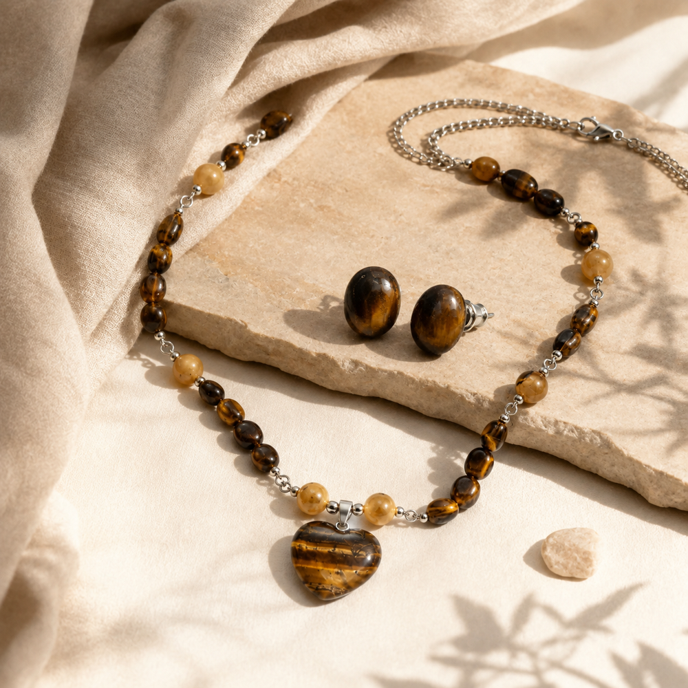 Golden Earth Tiger’s Eye Heart Pendant Necklace with Tiger’s Eye Stud Earrings