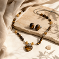 Golden Earth Tiger’s Eye Heart Pendant Necklace with Tiger’s Eye Stud Earrings