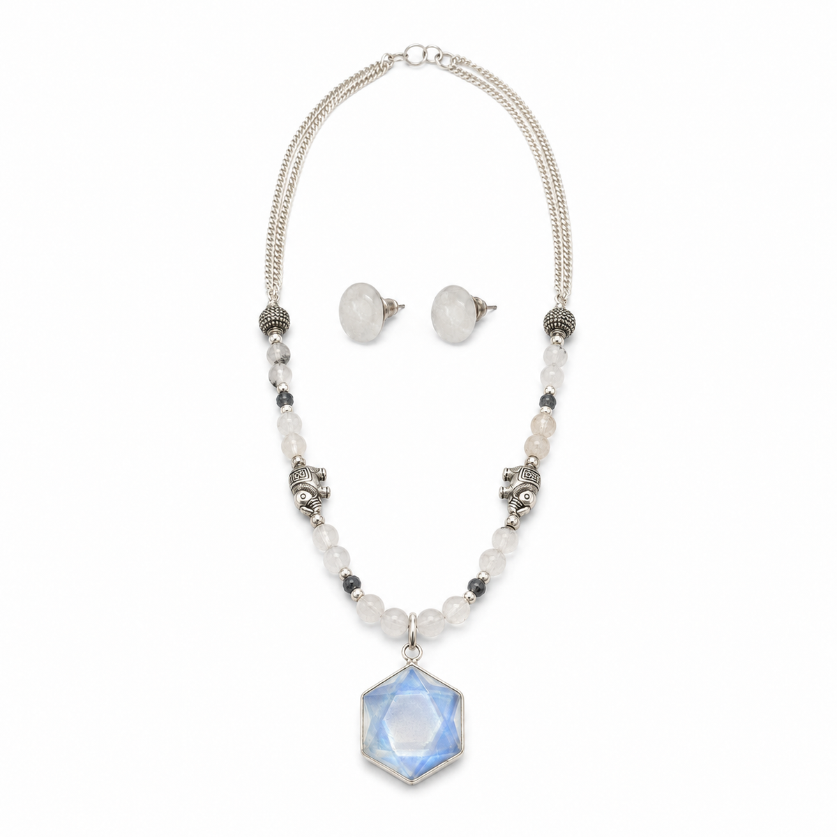Moonlit Prism Clear Opalite Pendant Necklace with White Quartz Stud Earrings