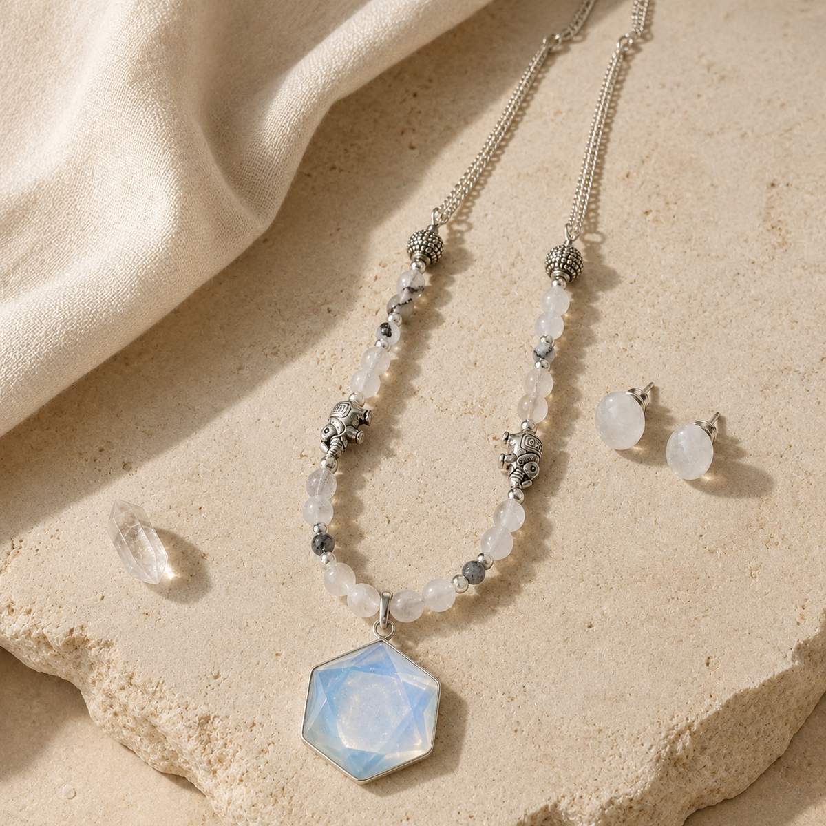 Moonlit Prism Clear Opalite Pendant Necklace with White Quartz Stud Earrings