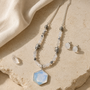 Moonlit Prism Clear Opalite Pendant Necklace with White Quartz Stud Earrings