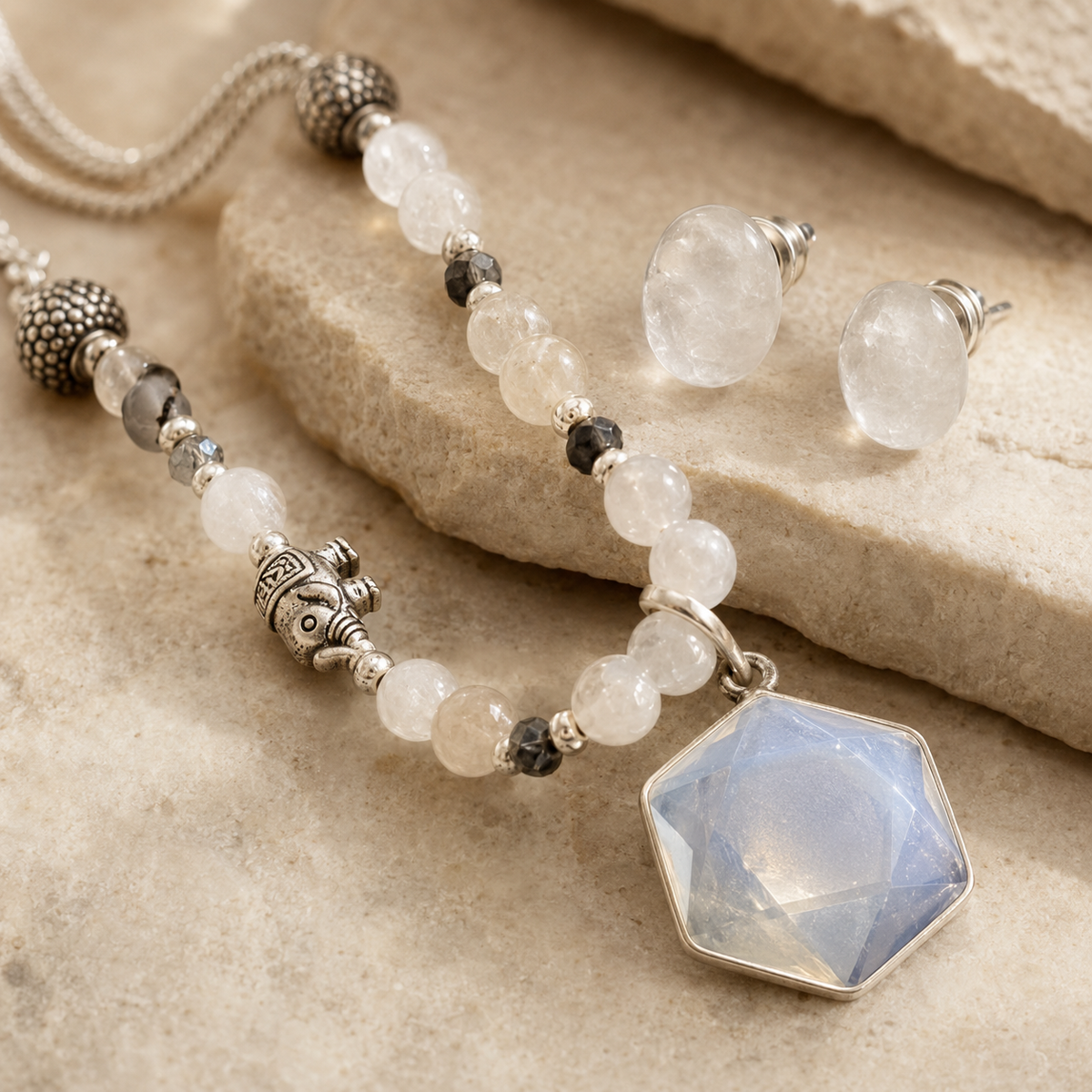 Moonlit Prism Clear Opalite Pendant Necklace with White Quartz Stud Earrings