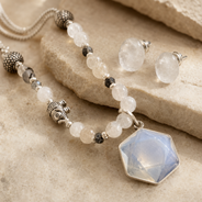 Moonlit Prism Clear Opalite Pendant Necklace with White Quartz Stud Earrings
