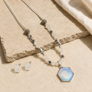 Moonlit Prism Clear Opalite Pendant Necklace with White Quartz Stud Earrings