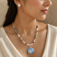 Moonlit Prism Clear Opalite Pendant Necklace with White Quartz Stud Earrings