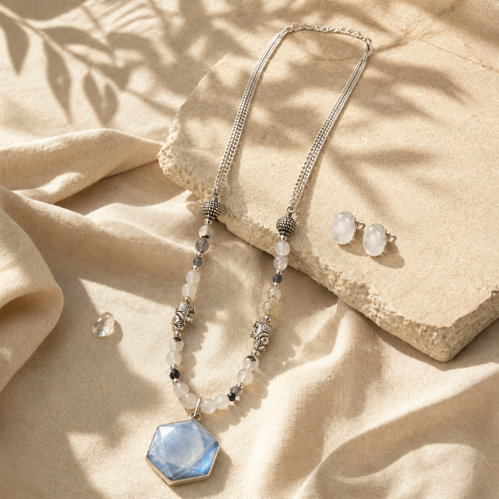 Moonlit Prism Clear Opalite Pendant Necklace with White Quartz Stud Earrings