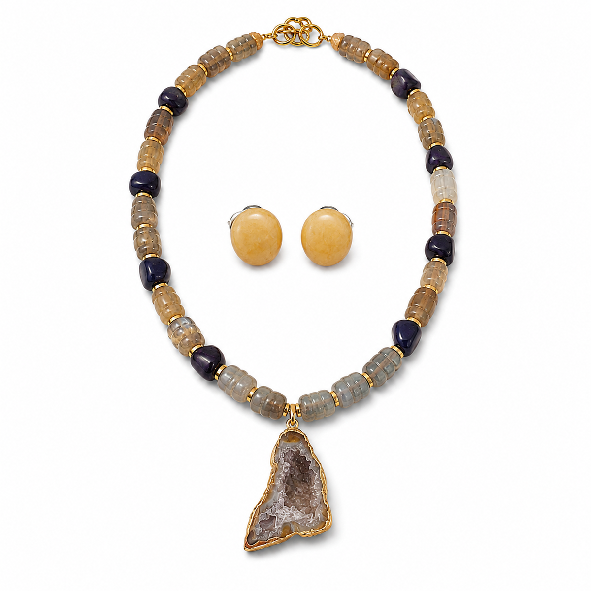 Amethyst Druzy Pendant Necklace with Smoky Quartz & Amethyst Beads and Sunlit Honey Yellow Calcite Stud Earrings