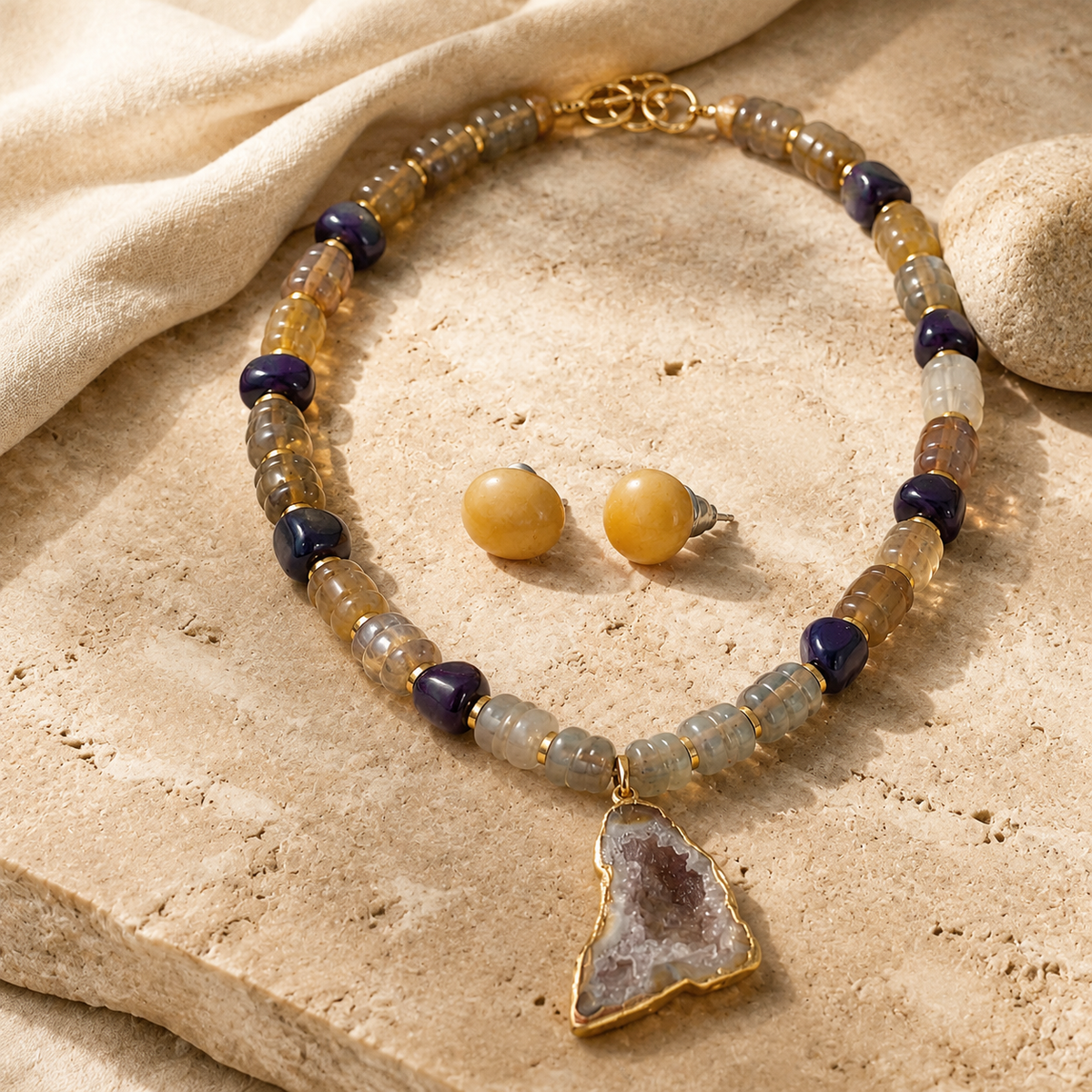 Amethyst Druzy Pendant Necklace with Smoky Quartz & Amethyst Beads and Sunlit Honey Yellow Calcite Stud Earrings