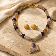 Amethyst Druzy Pendant Necklace with Smoky Quartz & Amethyst Beads and Sunlit Honey Yellow Calcite Stud Earrings