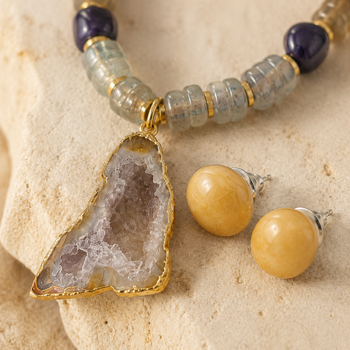 Amethyst Druzy Pendant Necklace with Smoky Quartz & Amethyst Beads and Sunlit Honey Yellow Calcite Stud Earrings