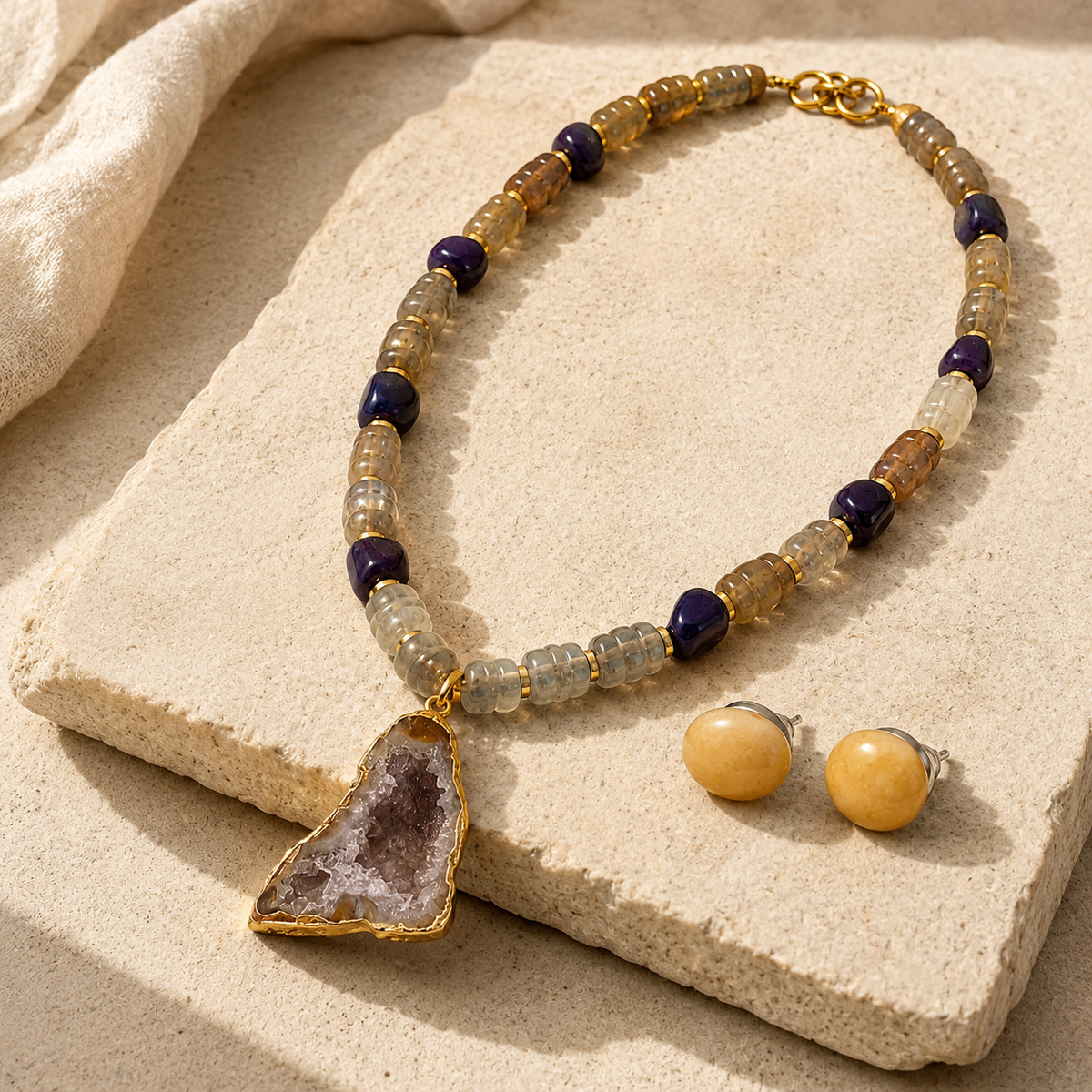 Amethyst Druzy Pendant Necklace with Smoky Quartz & Amethyst Beads and Sunlit Honey Yellow Calcite Stud Earrings