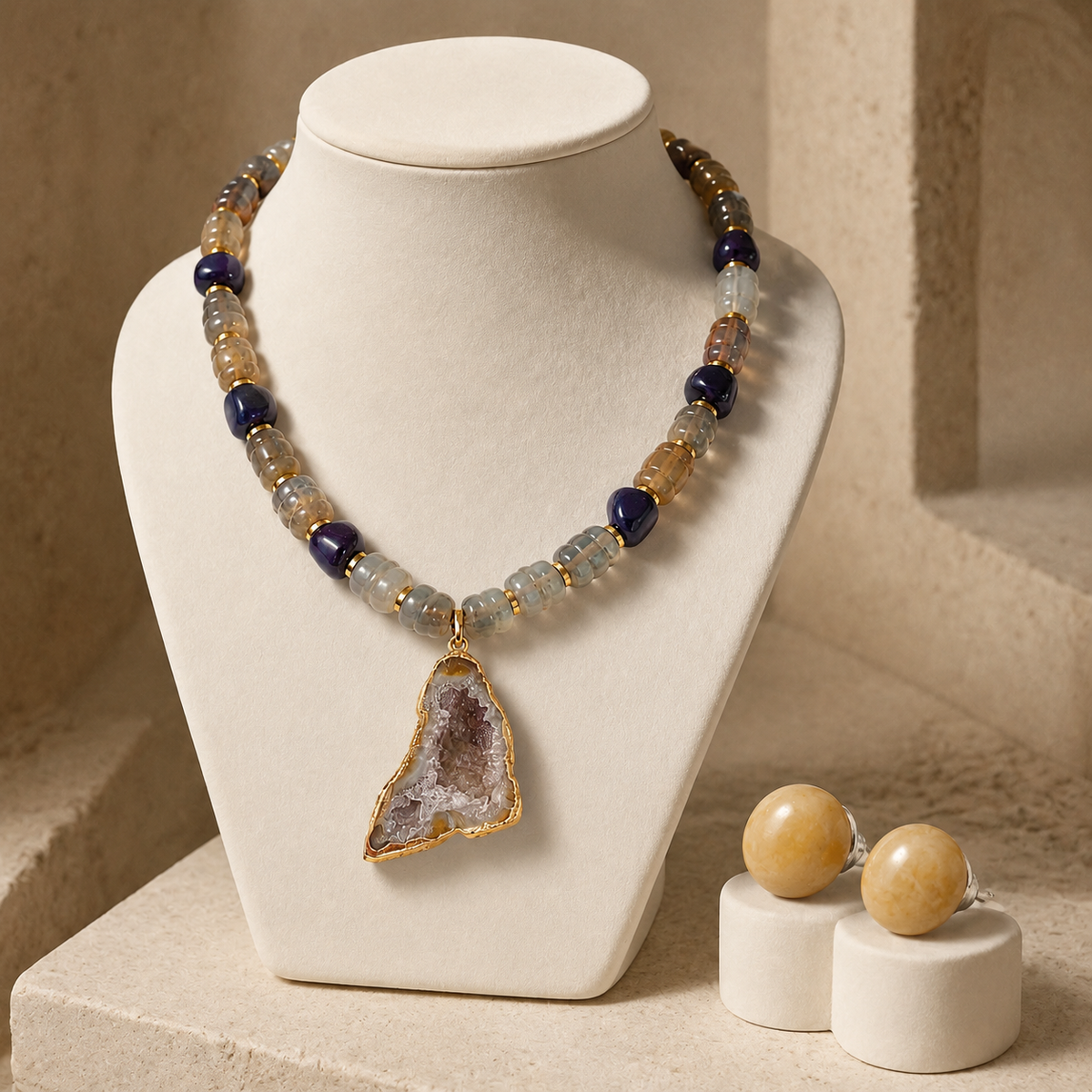 Amethyst Druzy Pendant Necklace with Smoky Quartz & Amethyst Beads and Sunlit Honey Yellow Calcite Stud Earrings
