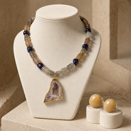 Amethyst Druzy Pendant Necklace with Smoky Quartz & Amethyst Beads and Sunlit Honey Yellow Calcite Stud Earrings