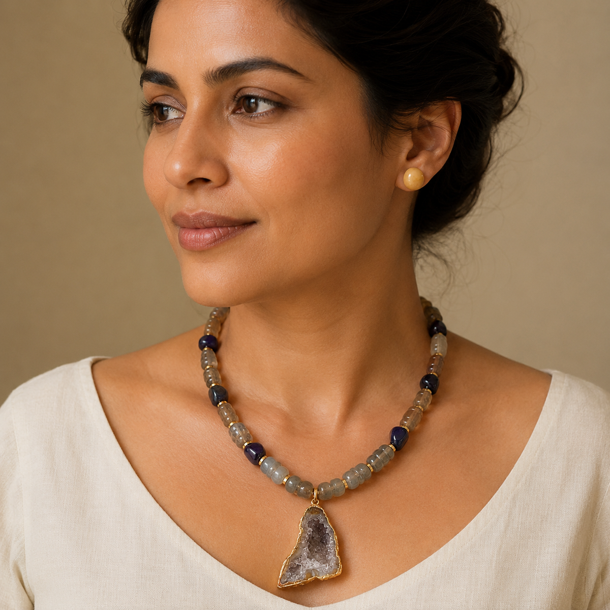 Amethyst Druzy Pendant Necklace with Smoky Quartz & Amethyst Beads and Sunlit Honey Yellow Calcite Stud Earrings