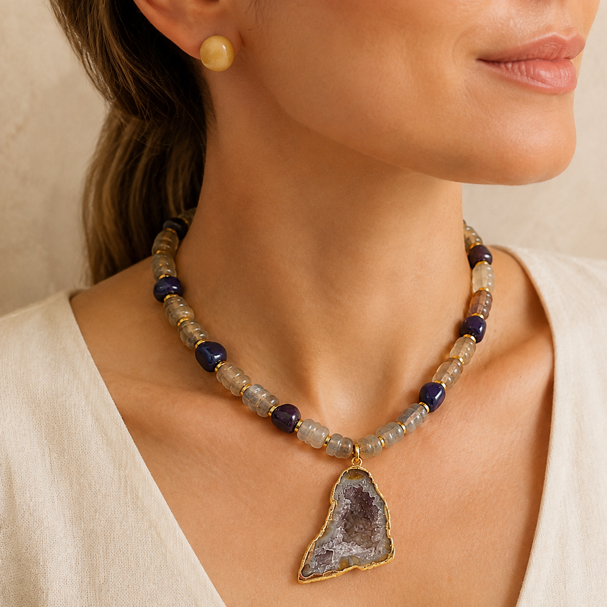 Amethyst Druzy Pendant Necklace with Smoky Quartz & Amethyst Beads and Sunlit Honey Yellow Calcite Stud Earrings