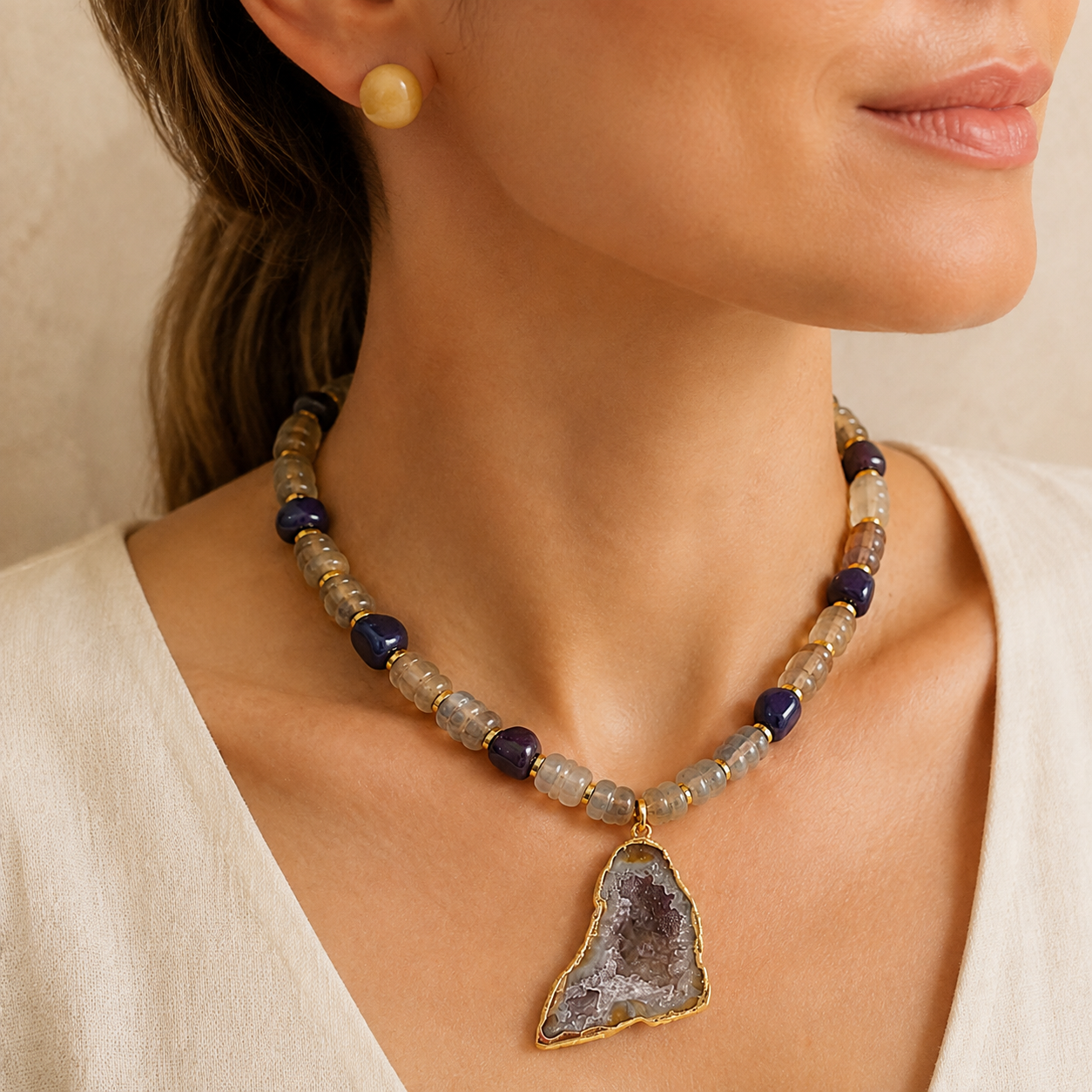 Amethyst Druzy Pendant Necklace with Smoky Quartz & Amethyst Beads and Sunlit Honey Yellow Calcite Stud Earrings