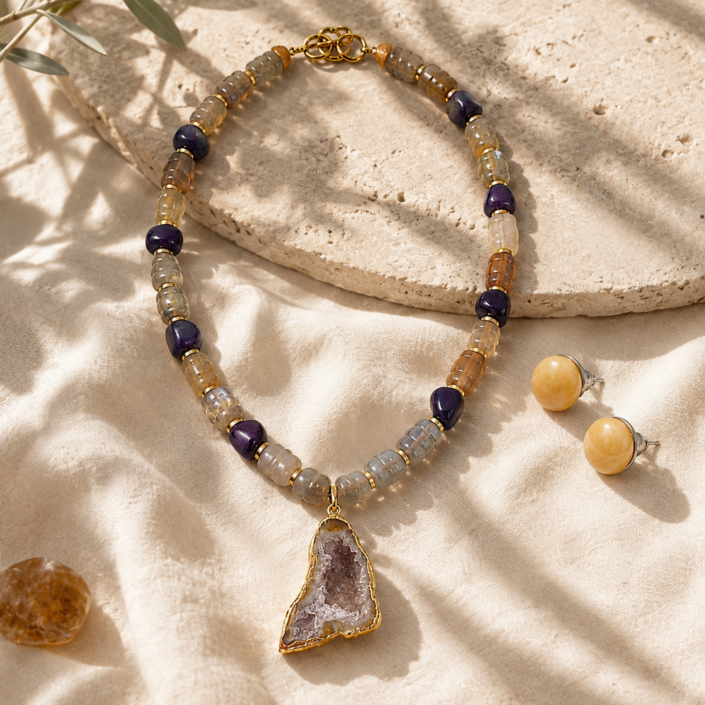 Amethyst Druzy Pendant Necklace with Smoky Quartz & Amethyst Beads and Sunlit Honey Yellow Calcite Stud Earrings