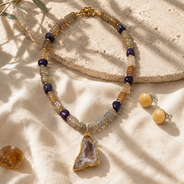 Amethyst Druzy Pendant Necklace with Smoky Quartz & Amethyst Beads and Sunlit Honey Yellow Calcite Stud Earrings