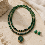 Emerald Forest Two-Layer Geode Pendant Necklace & Aventurine Stud Earring