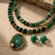 Emerald Forest Two-Layer Geode Pendant Necklace & Aventurine Stud Earring