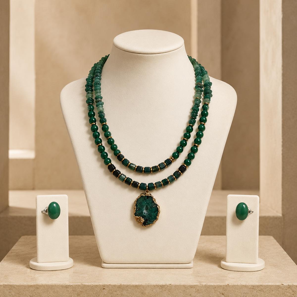 Emerald Forest Two-Layer Geode Pendant Necklace & Aventurine Stud Earring