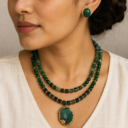 Emerald Forest Two-Layer Geode Pendant Necklace & Aventurine Stud Earring