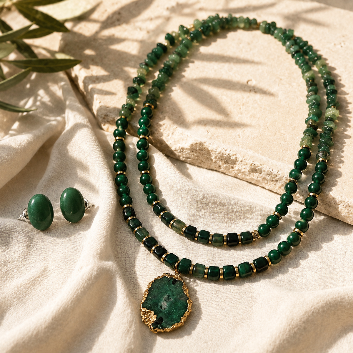 Emerald Forest Two-Layer Geode Pendant Necklace & Aventurine Stud Earring