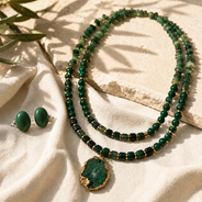 Emerald Forest Two-Layer Geode Pendant Necklace & Aventurine Stud Earring