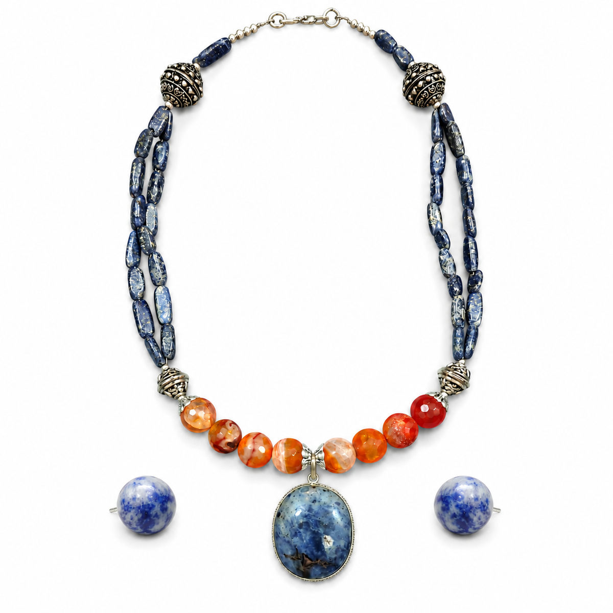 Lapiz Lazuli & Orange Agate Oval Pendant Necklace  & Lapis Lazuli Stud Earrings