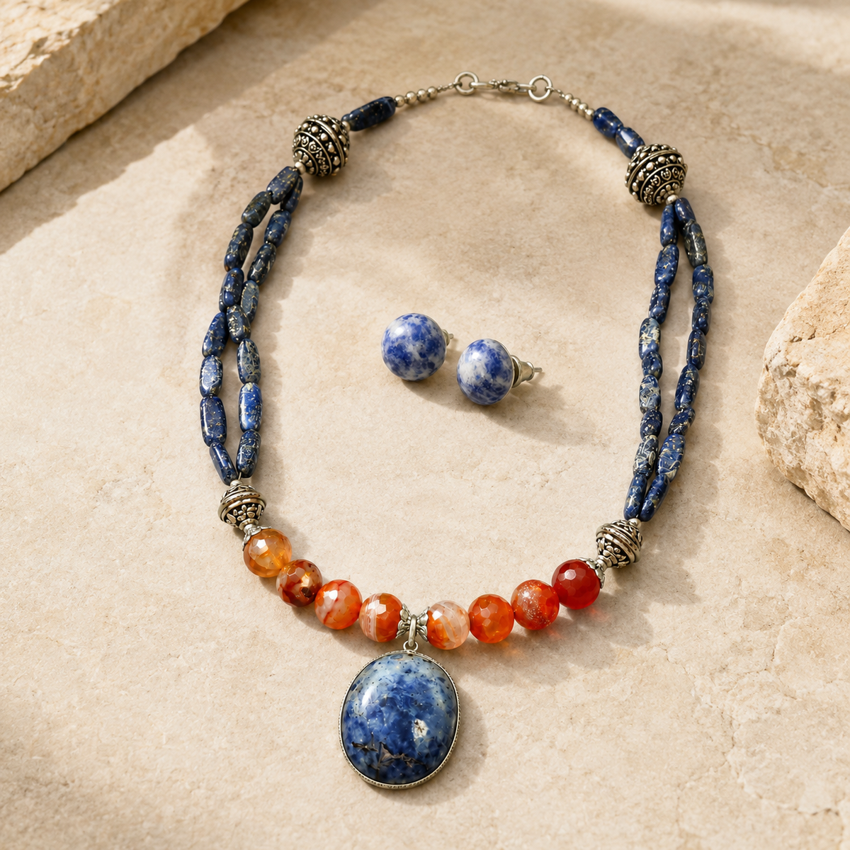Lapiz Lazuli & Orange Agate Oval Pendant Necklace  & Lapis Lazuli Stud Earrings