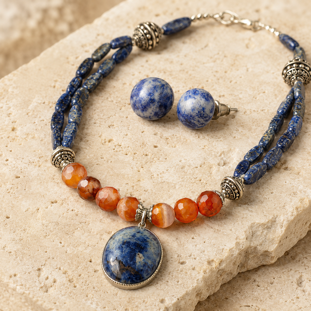 Lapiz Lazuli & Orange Agate Oval Pendant Necklace  & Lapis Lazuli Stud Earrings