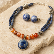 Lapiz Lazuli & Orange Agate Oval Pendant Necklace  & Lapis Lazuli Stud Earrings