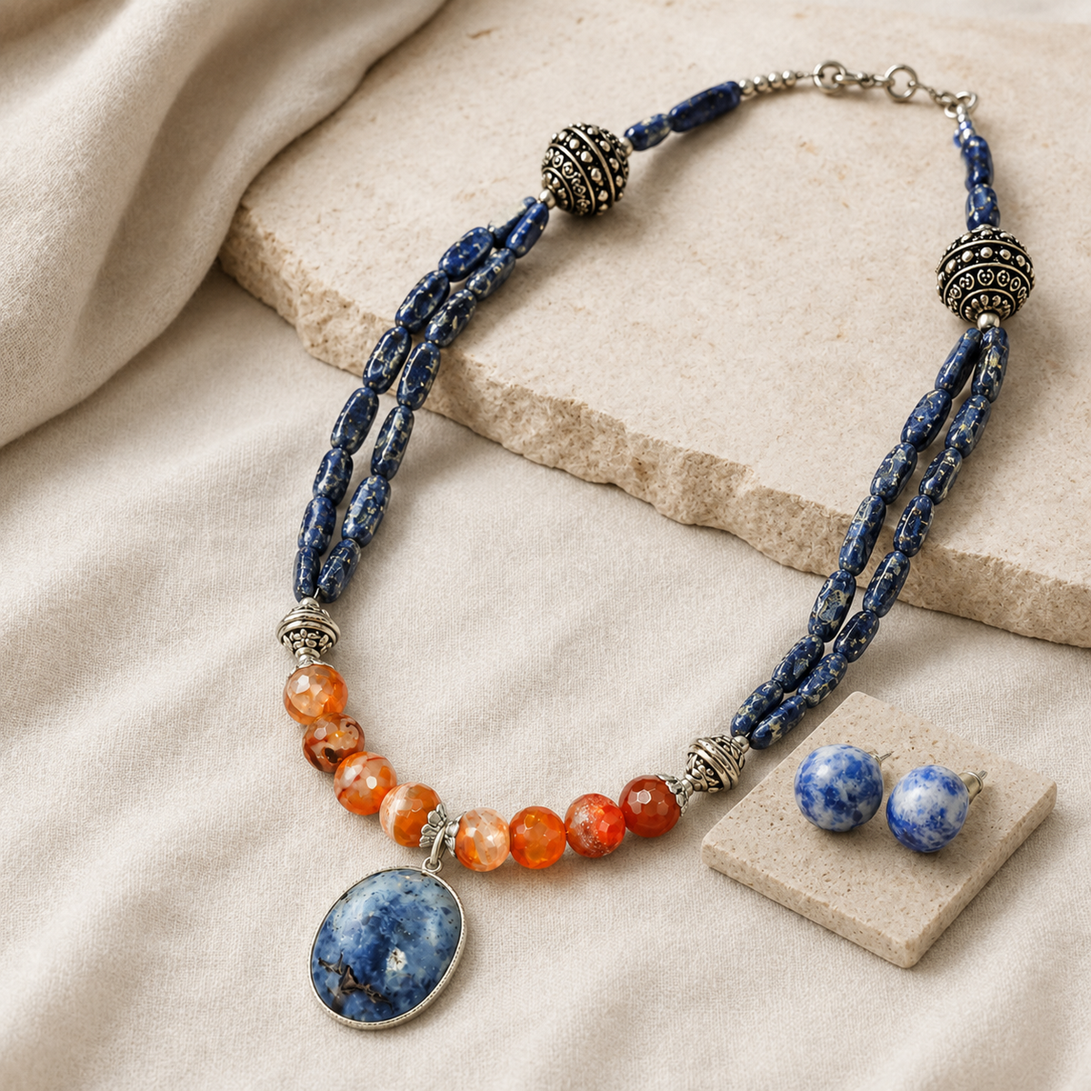 Lapiz Lazuli & Orange Agate Oval Pendant Necklace  & Lapis Lazuli Stud Earrings