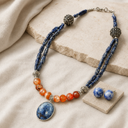 Lapiz Lazuli & Orange Agate Oval Pendant Necklace  & Lapis Lazuli Stud Earrings