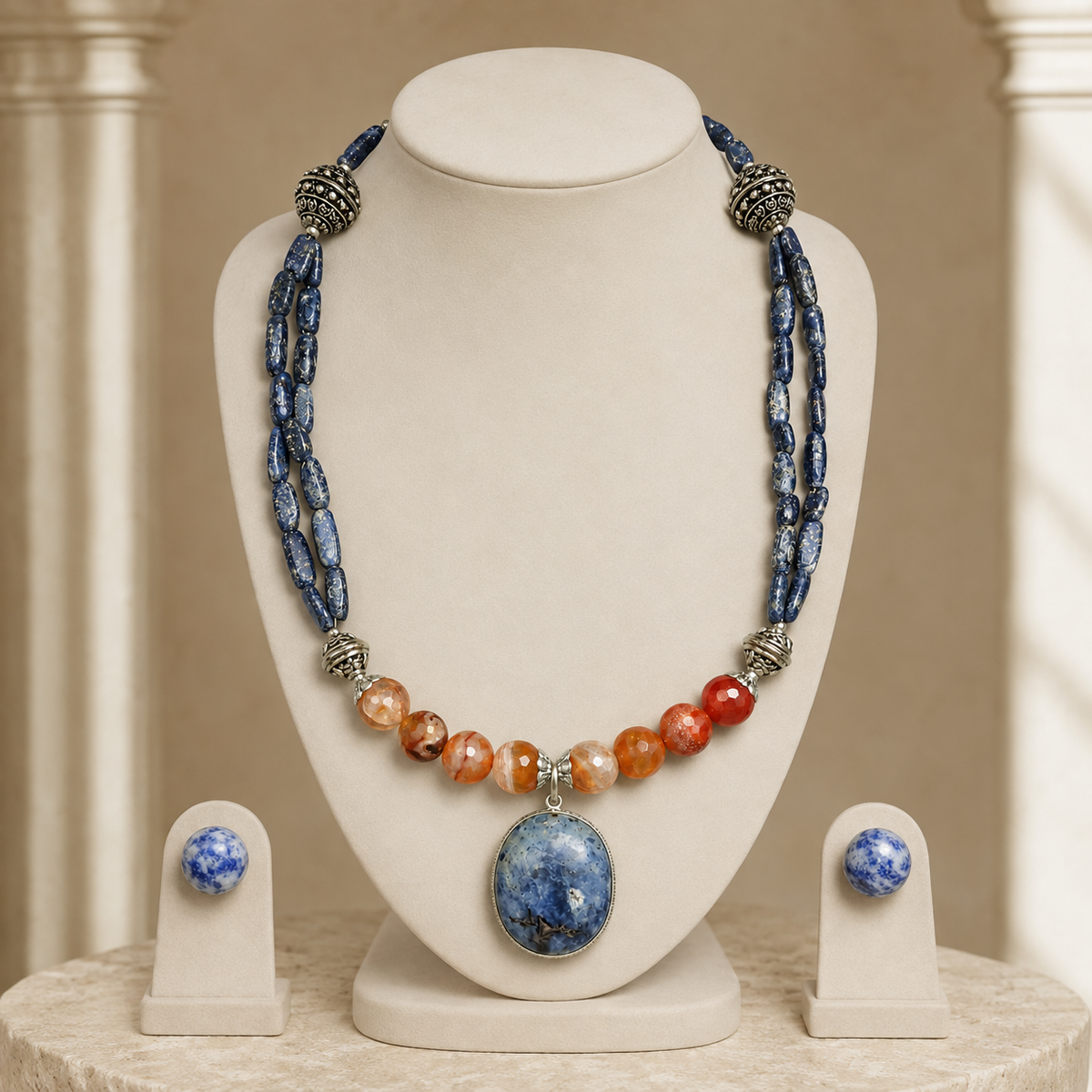Lapiz Lazuli & Orange Agate Oval Pendant Necklace  & Lapis Lazuli Stud Earrings
