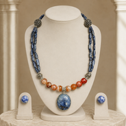 Lapiz Lazuli & Orange Agate Oval Pendant Necklace  & Lapis Lazuli Stud Earrings