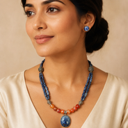 Lapiz Lazuli & Orange Agate Oval Pendant Necklace  & Lapis Lazuli Stud Earrings