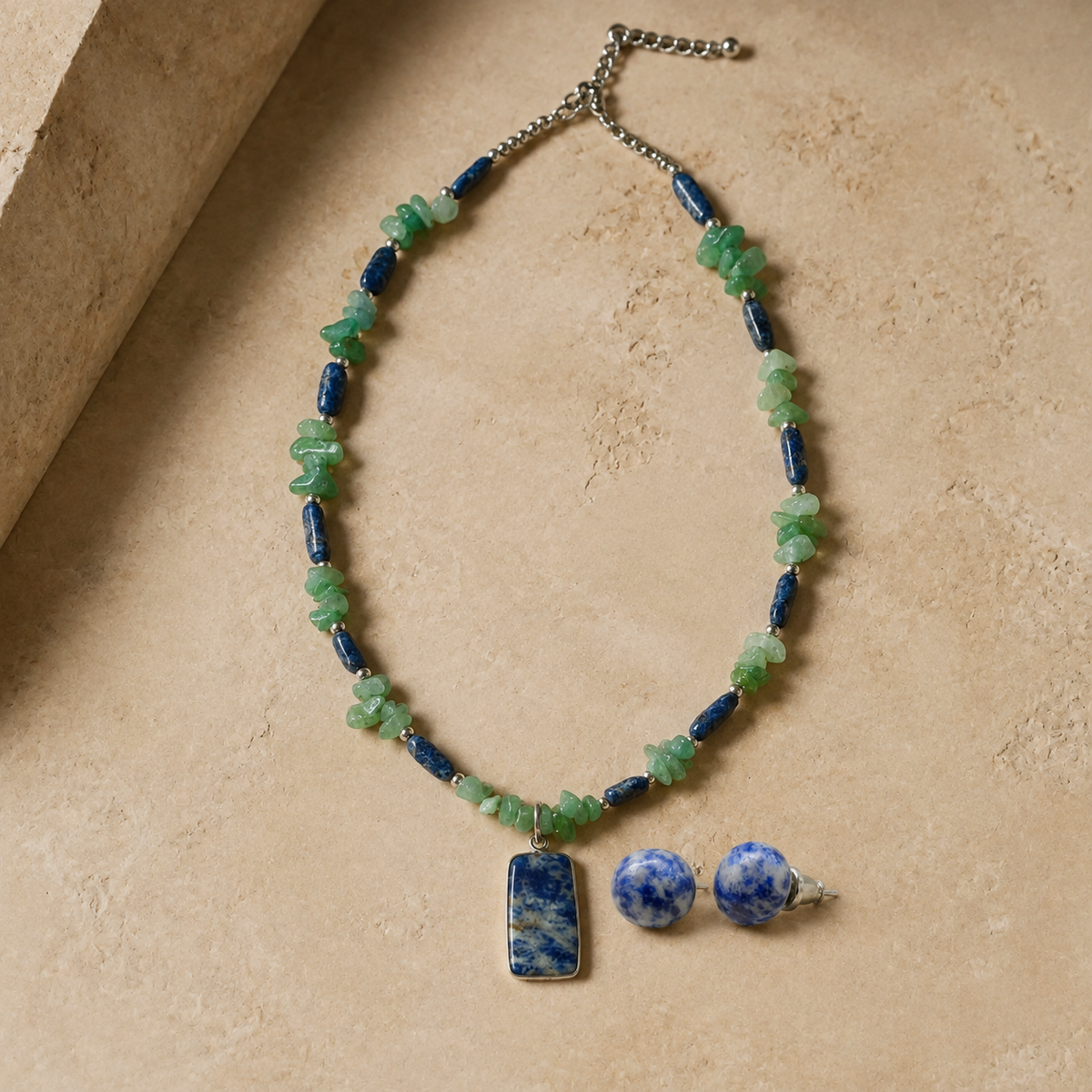 Forest Tide Aventurine with Lapis Pendant Necklace & Lapis Lazuli Stud Earring