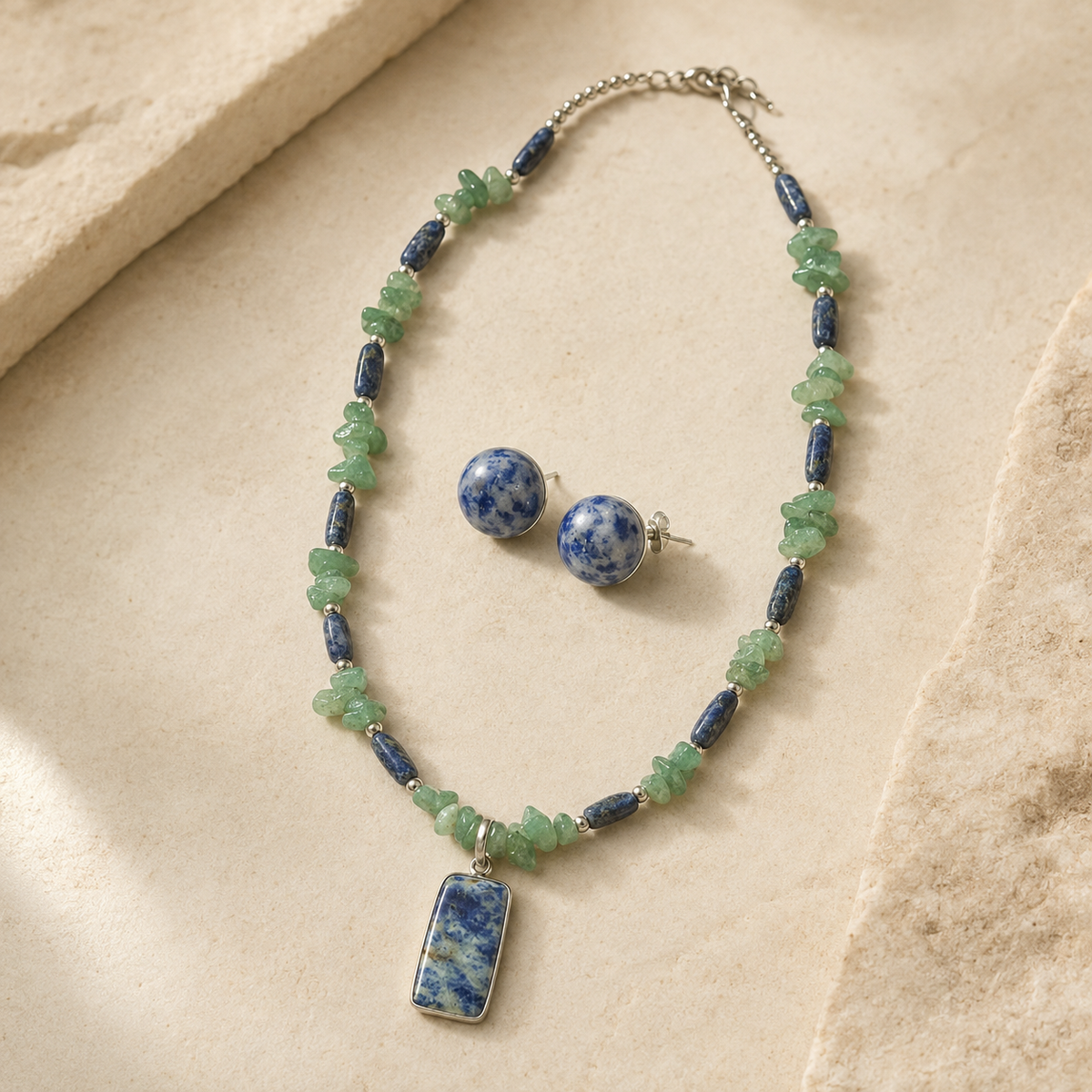 Forest Tide Aventurine with Lapis Pendant Necklace & Lapis Lazuli Stud Earring