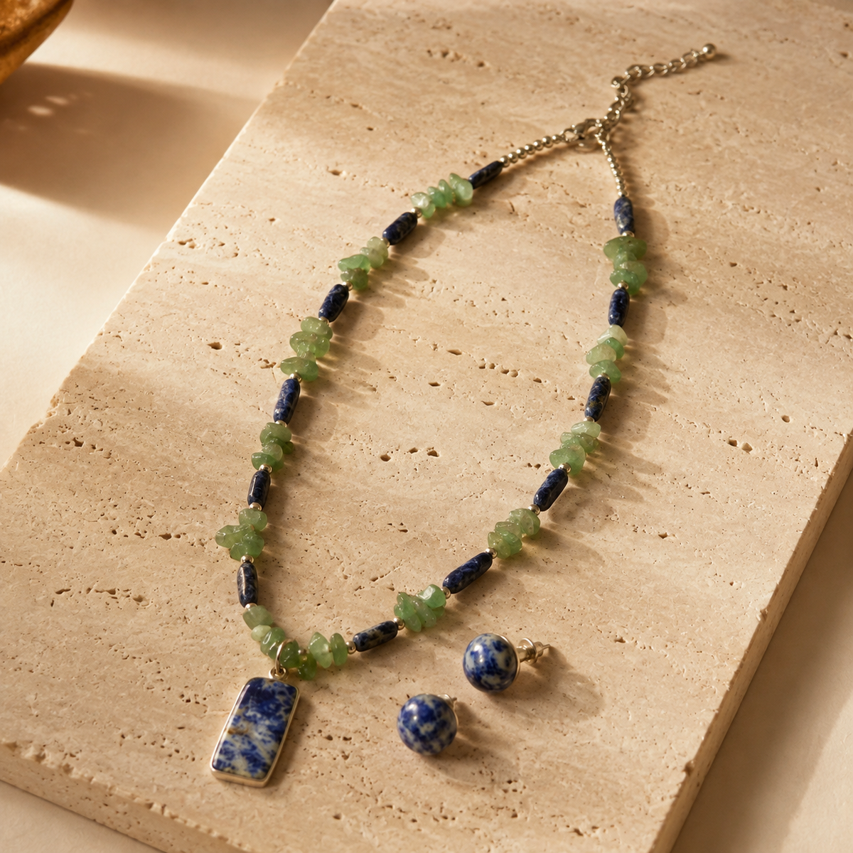 Forest Tide Aventurine with Lapis Pendant Necklace & Lapis Lazuli Stud Earring