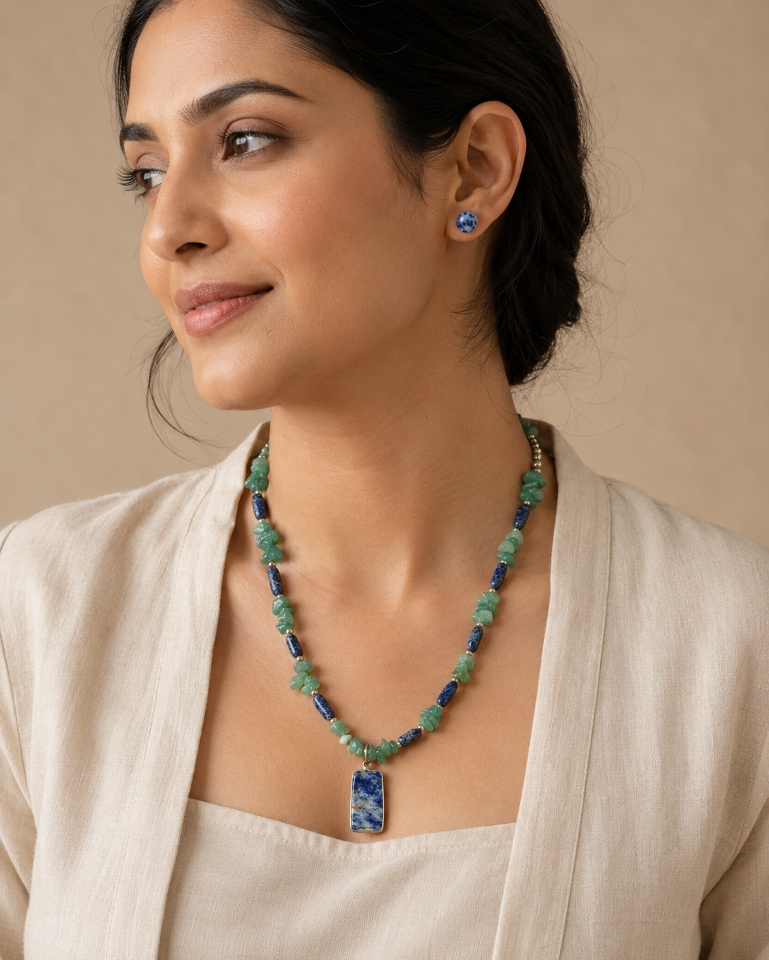Forest Tide Aventurine with Lapis Pendant Necklace & Lapis Lazuli Stud Earring