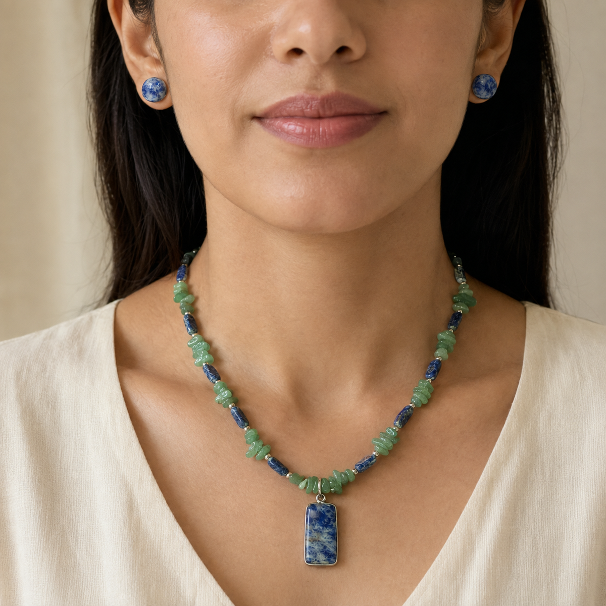 Forest Tide Aventurine with Lapis Pendant Necklace & Lapis Lazuli Stud Earring