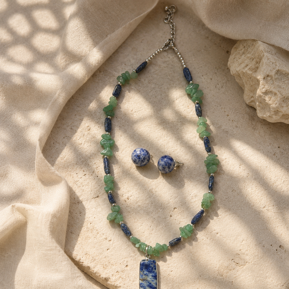 Forest Tide Aventurine with Lapis Pendant Necklace & Lapis Lazuli Stud Earring
