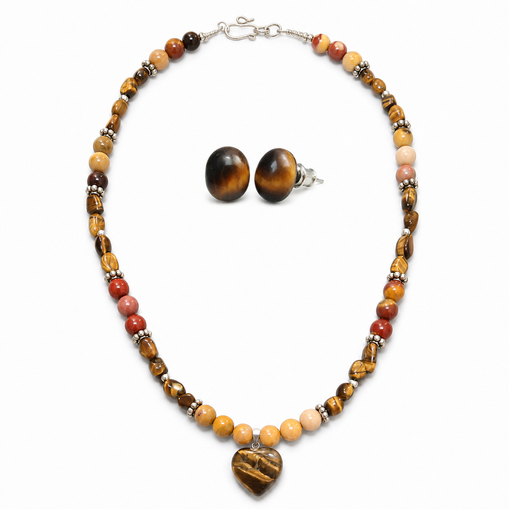 Golden Heart Mookaite Jasper & Tiger’s Eye Necklace with Tiger’s Eye Stud Earrings