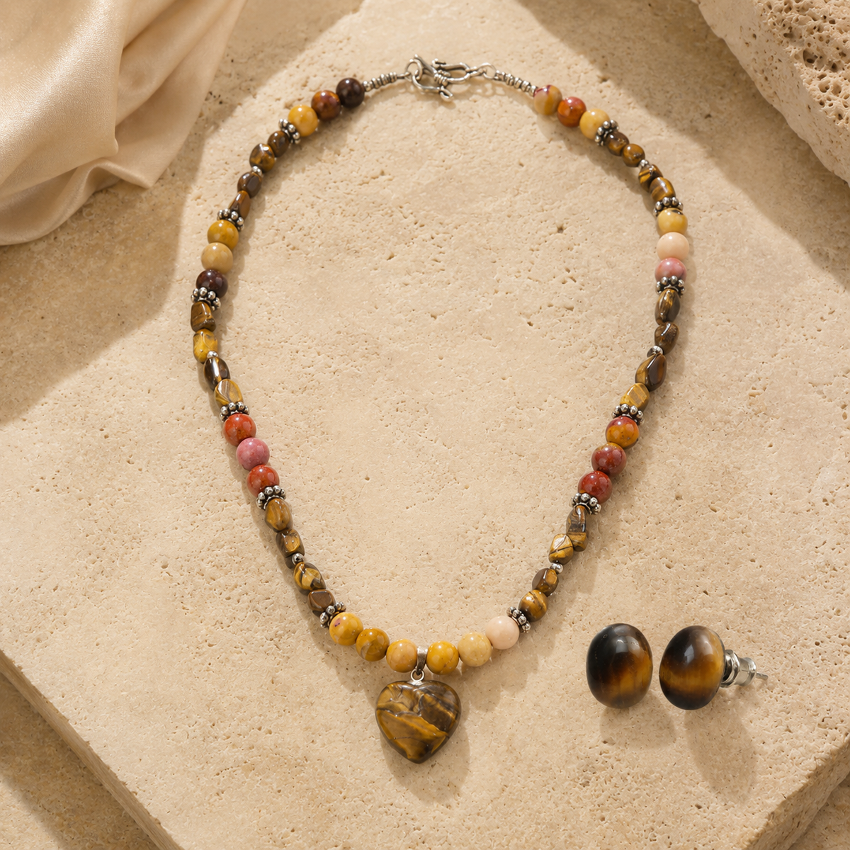 Golden Heart Mookaite Jasper & Tiger’s Eye Necklace with Tiger’s Eye Stud Earrings