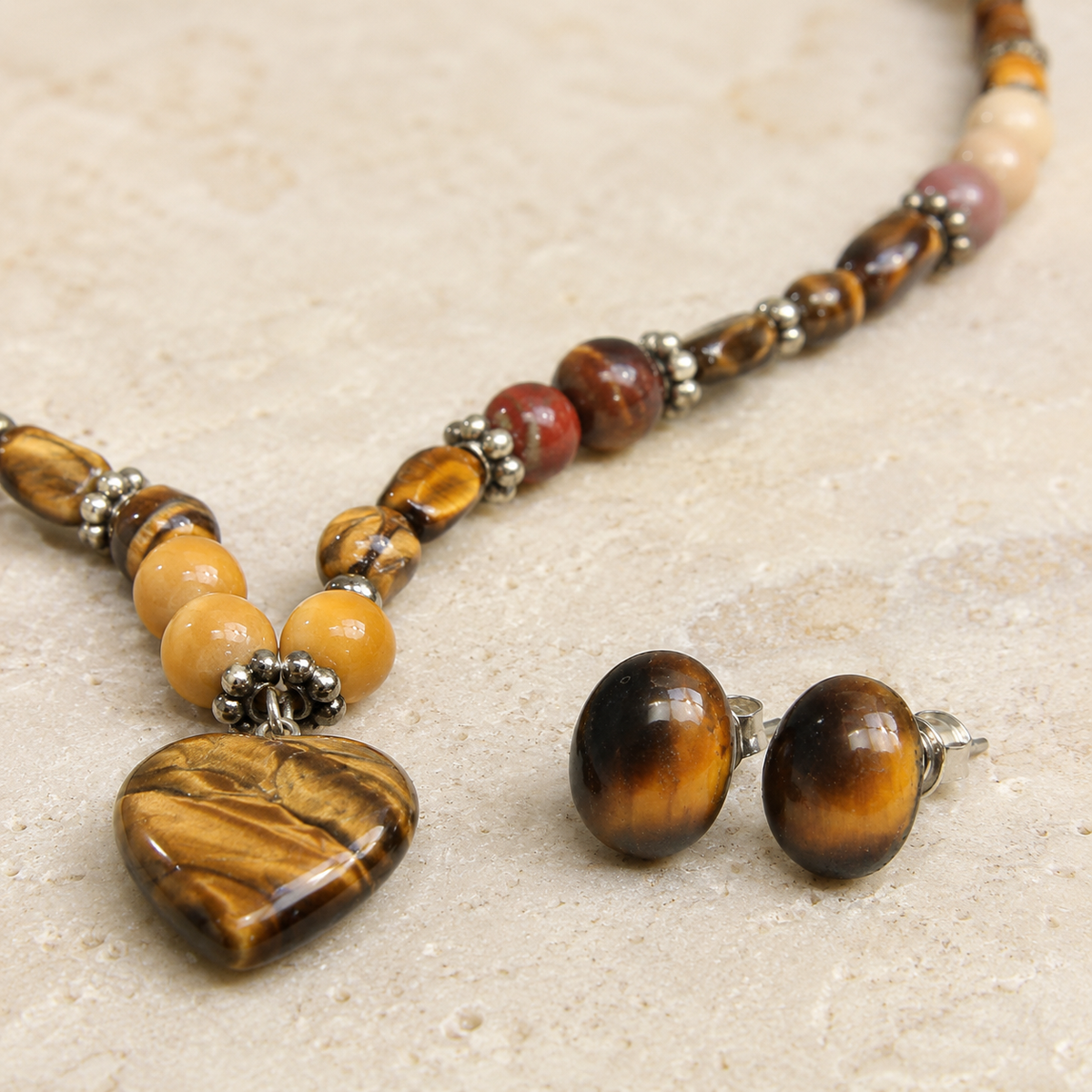 Golden Heart Mookaite Jasper & Tiger’s Eye Necklace with Tiger’s Eye Stud Earrings