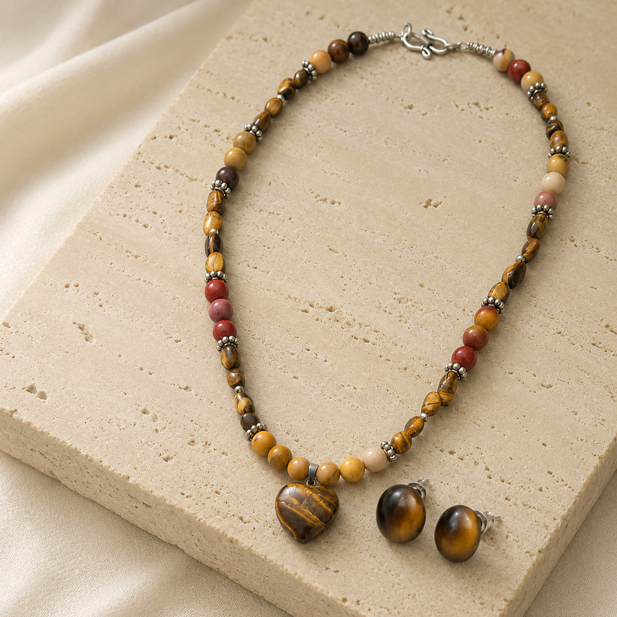 Golden Heart Mookaite Jasper & Tiger’s Eye Necklace with Tiger’s Eye Stud Earrings
