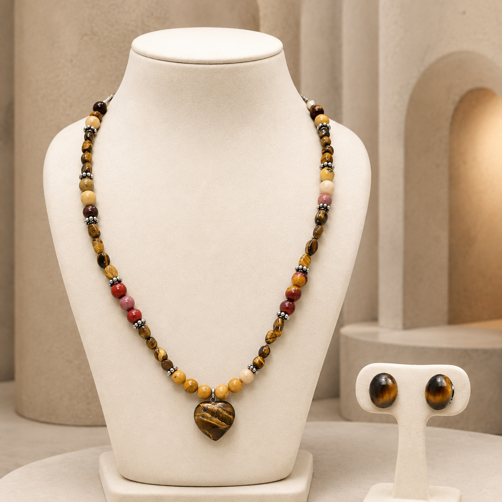 Golden Heart Mookaite Jasper & Tiger’s Eye Necklace with Tiger’s Eye Stud Earrings