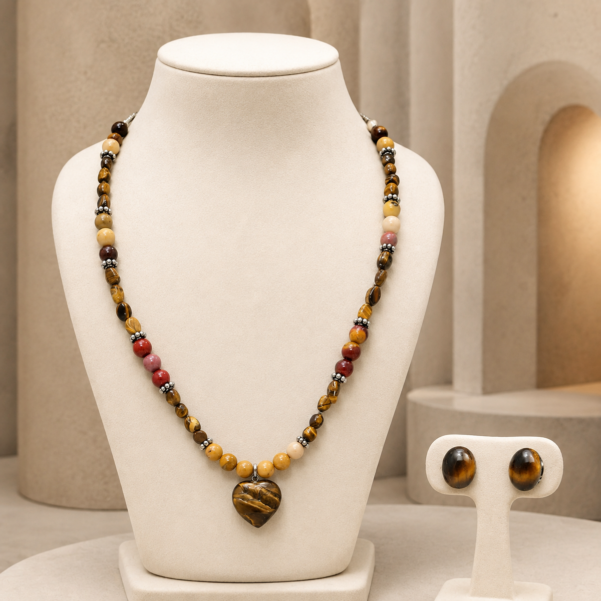 Golden Heart Mookaite Jasper & Tiger’s Eye Necklace with Tiger’s Eye Stud Earrings